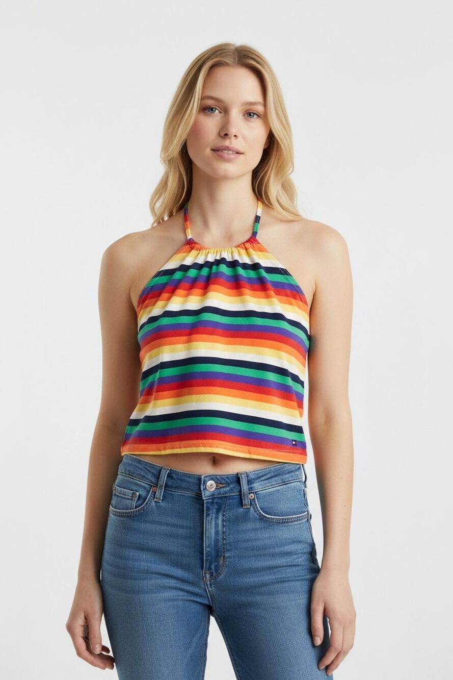 Tommy Hilfiger Sz L Rainbow Stripe Halter Top Tie Neck T-Shirt Knit New Vtg Y2K